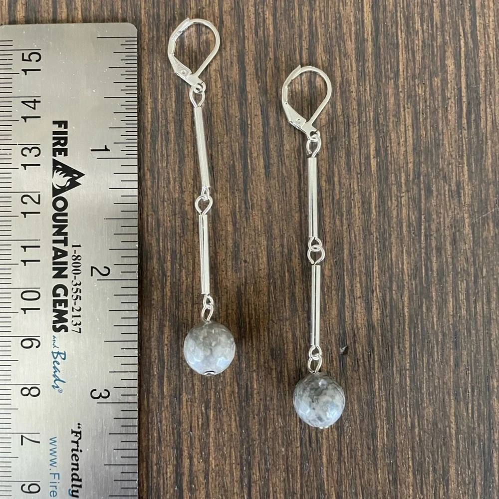HAND CRAFTED Earrings Gray Polished Agate Silver Tubes Long Dangling